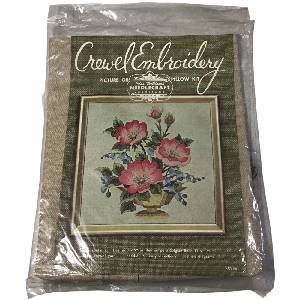 Vtg Crewel Embroidery Kit Pillow or Picture Belgian Linen Floral Flowers